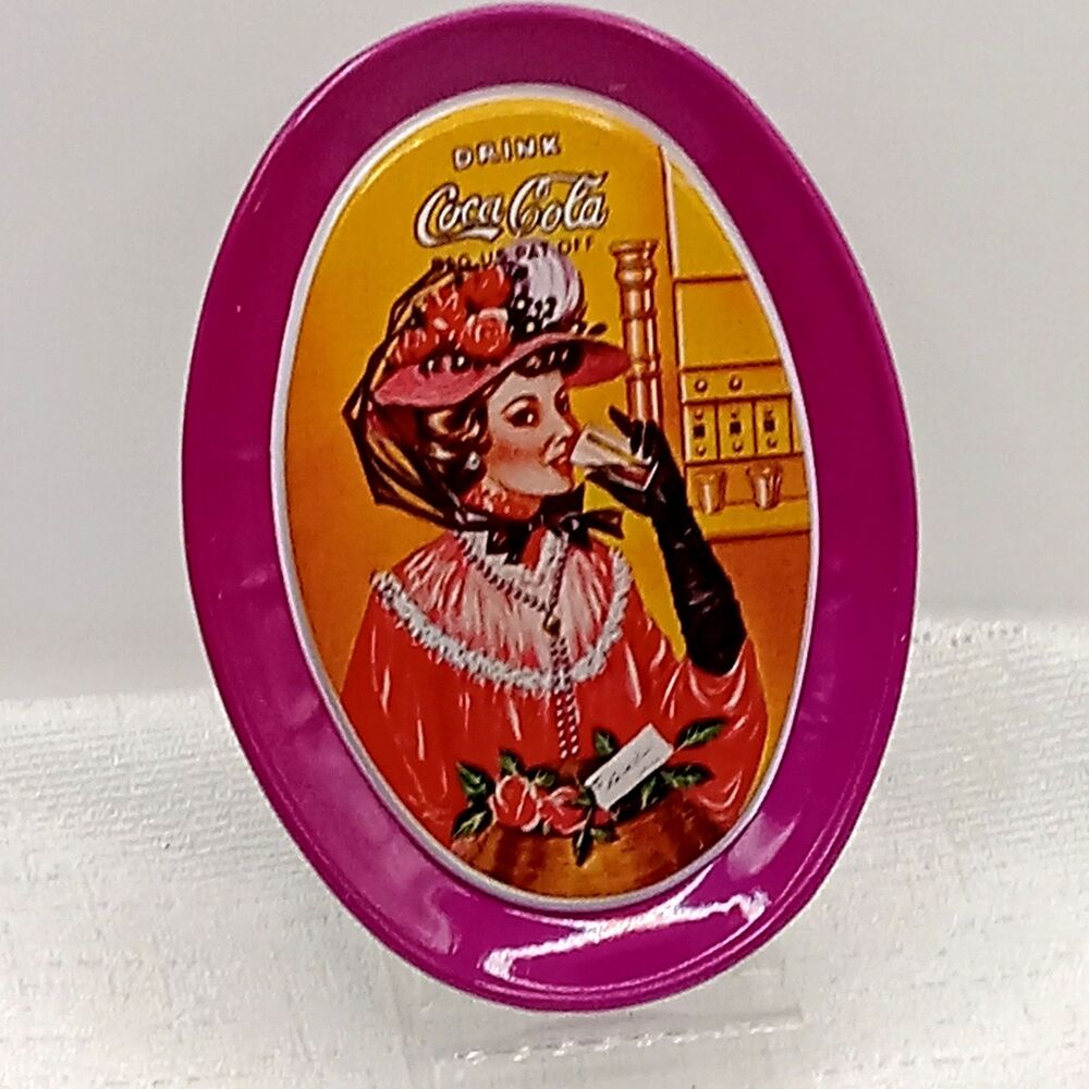 Coca Cola Repro Mini Tip Tray Pink Oval Tin 6" Plate Lady in Floral Hat